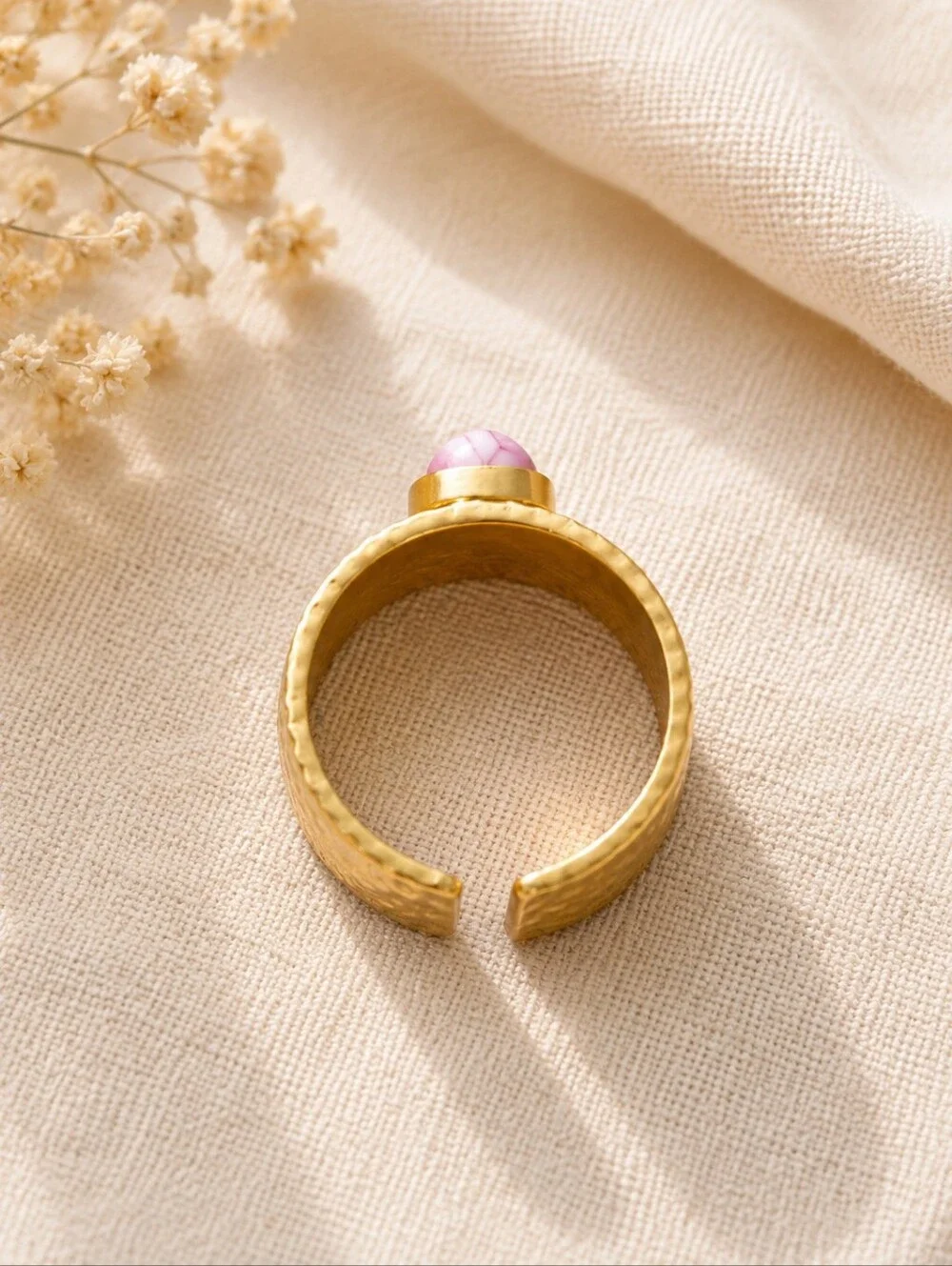 Gold Tone Hammered Adjustable Ring Pink Stone Boho Statement